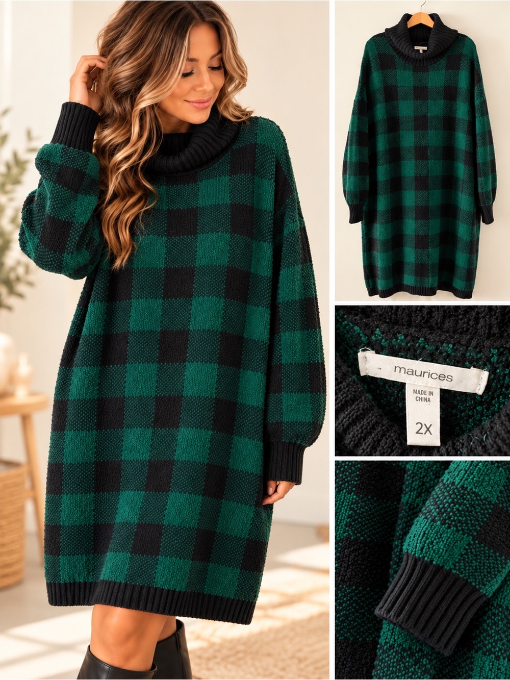 Maurices Green Black Buffalo Plaid Cowl Neck Sweater Dress Size 2X NWT